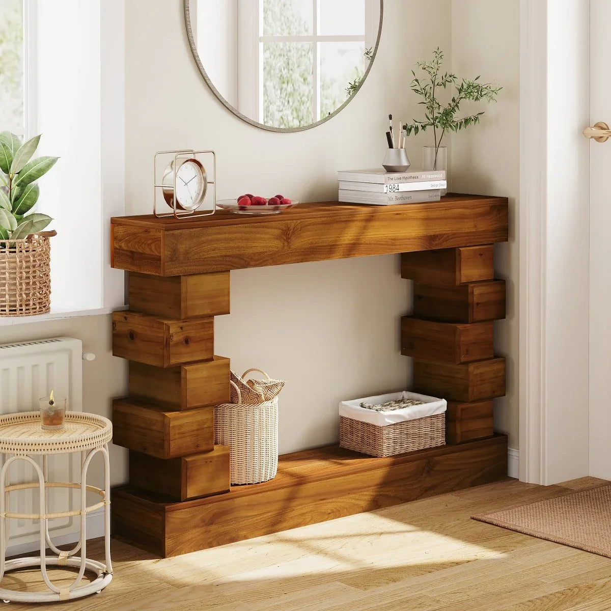 Geometric Block Stacked Wood Rectangular Console Table - Omega Lifestyles