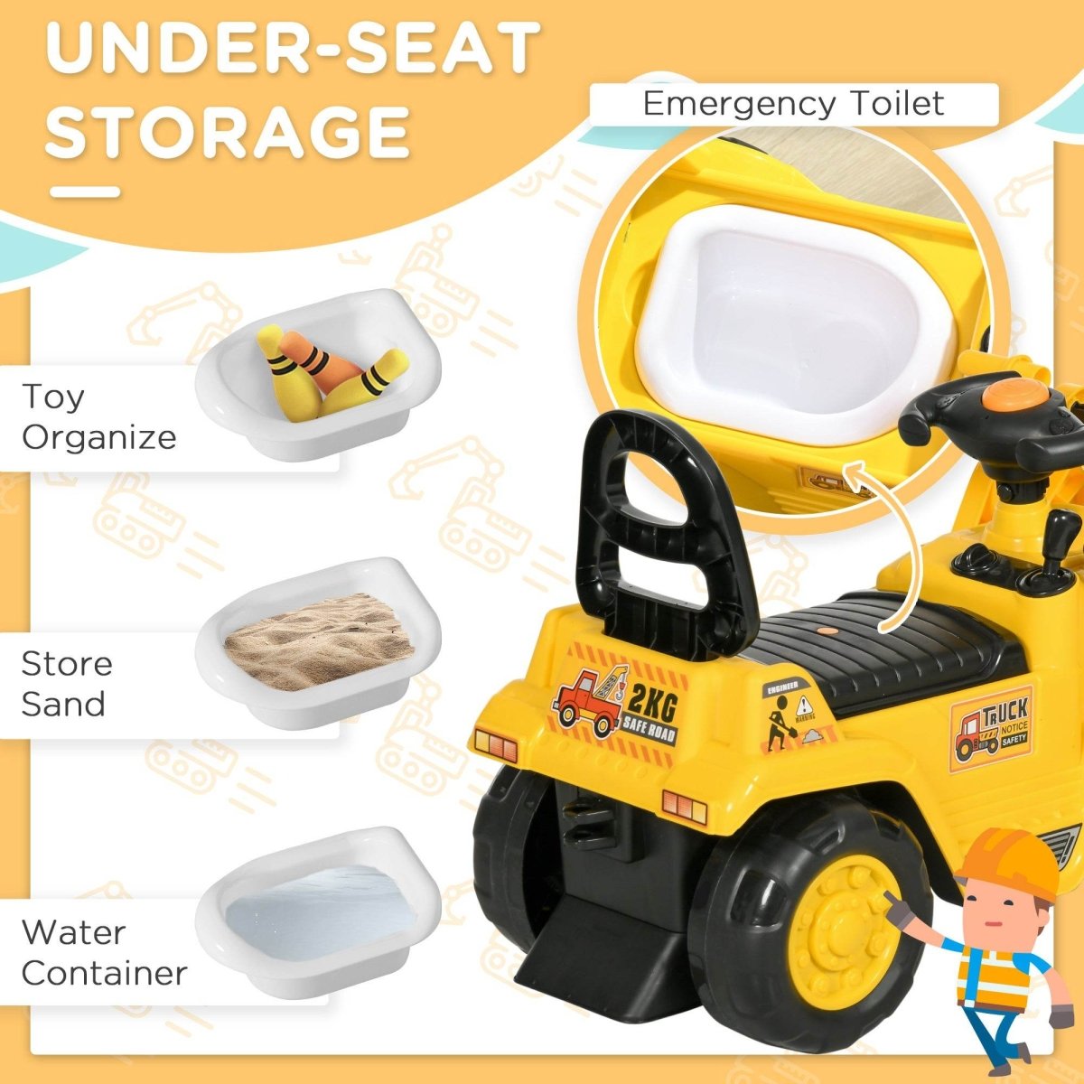 Kids 2 - in - 1 Ride On Excavator Bulldozer With Storage - Restanew - Omega Lifestyles