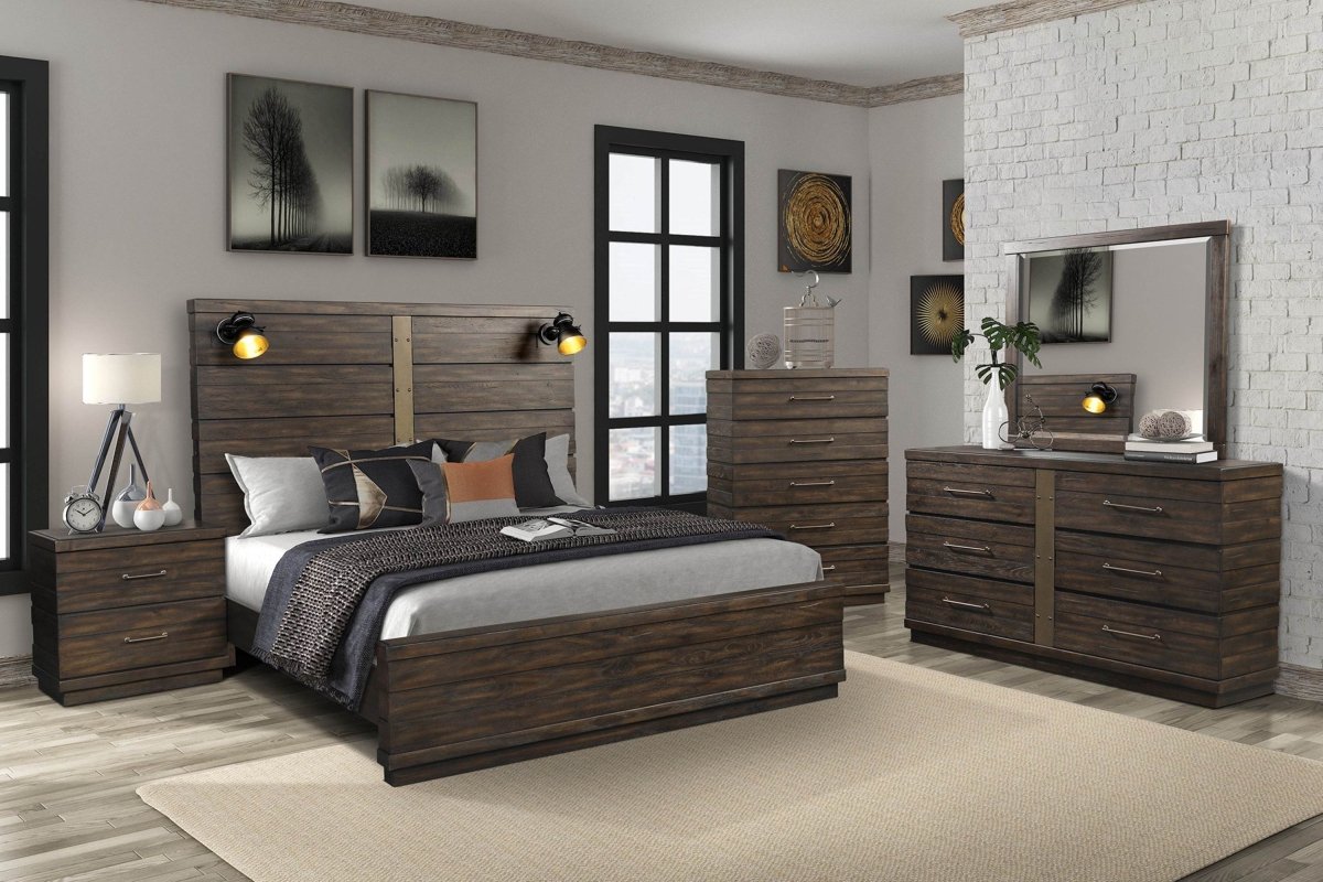 King Industrial Farmhouse Solid Wood Bed Frame With Bluetooth - Restanew - Omega Lifestyles