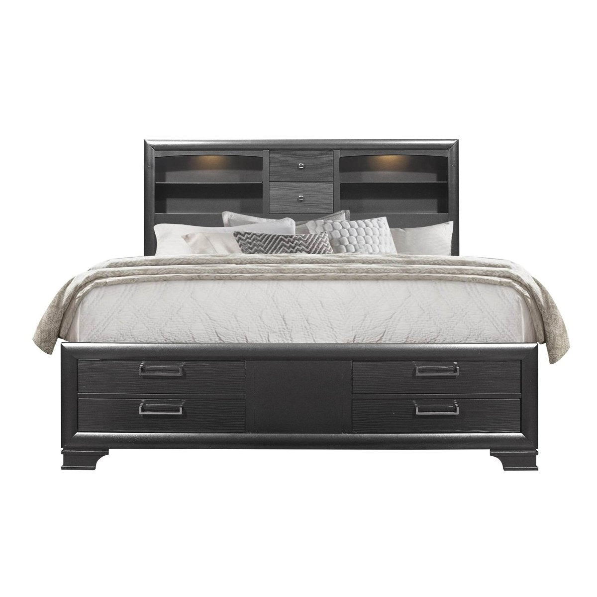 King Modern Gray Solid Wood Bookcase Bed Frame With Storage Drawers - Restanew - Omega Lifestyles