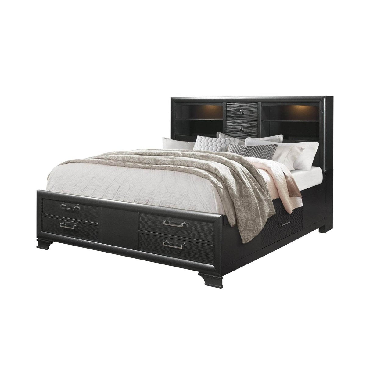 King Modern Gray Solid Wood Bookcase Bed Frame With Storage Drawers - Restanew - Omega Lifestyles