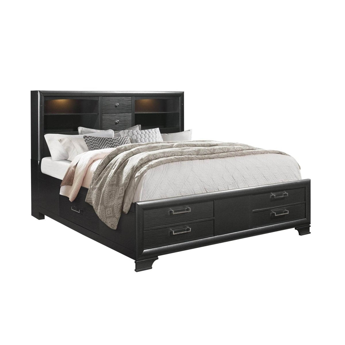 King Modern Gray Solid Wood Bookcase Bed Frame With Storage Drawers - Restanew - Omega Lifestyles