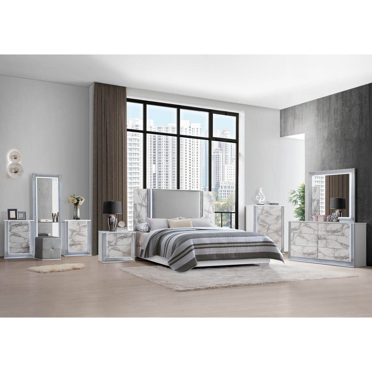 King Modern White Marble Wood Panel Bed Frame With LED Lighting - Restanew - Omega Lifestyles