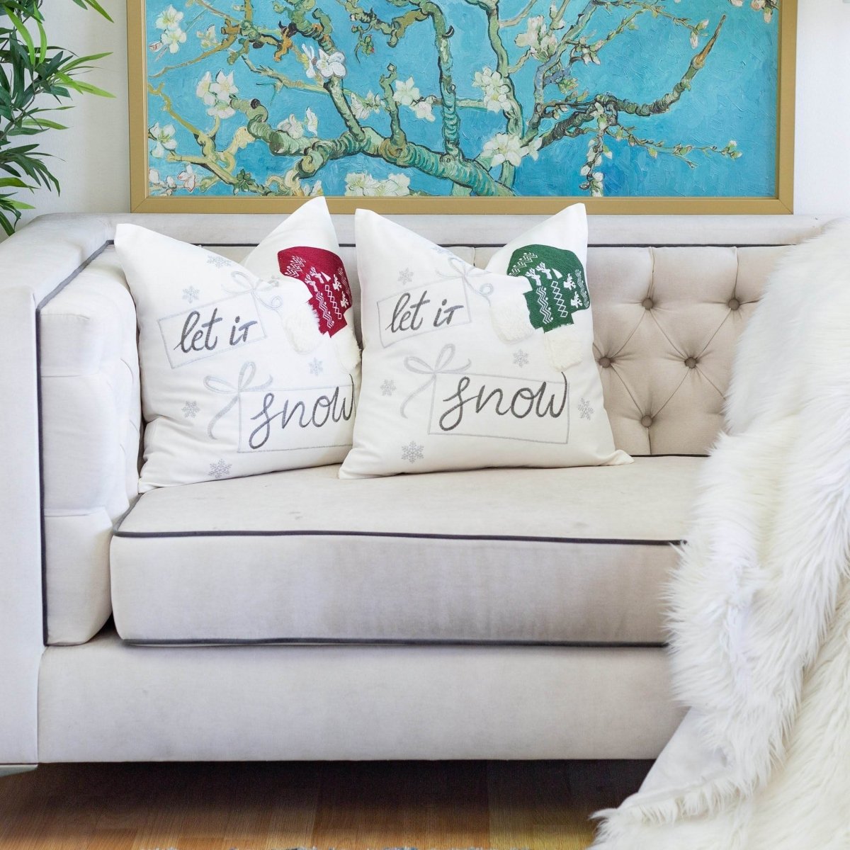 Let It Snow Embroidered 20x20 Inch Cotton Throw Pillow - Restanew - Omega Lifestyles