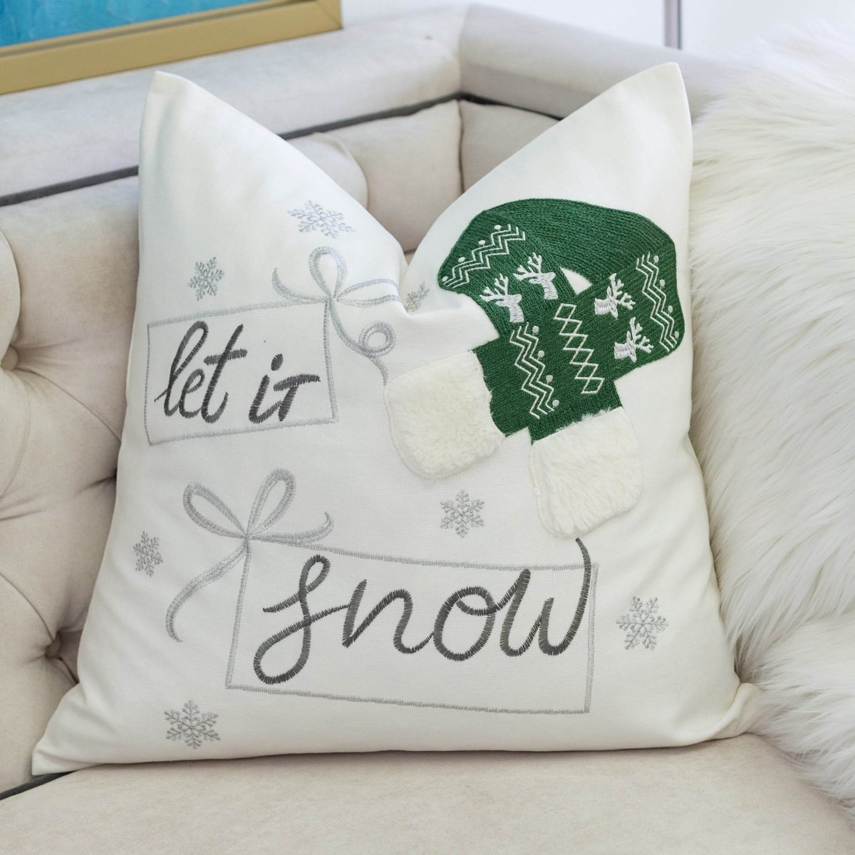 Let It Snow Embroidered 20x20 Inch Cotton Throw Pillow - Restanew - Omega Lifestyles
