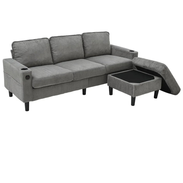 Light Grey Upholstered 3-Seat Sofa With Storage Ottoman - Omega Lifestyles
