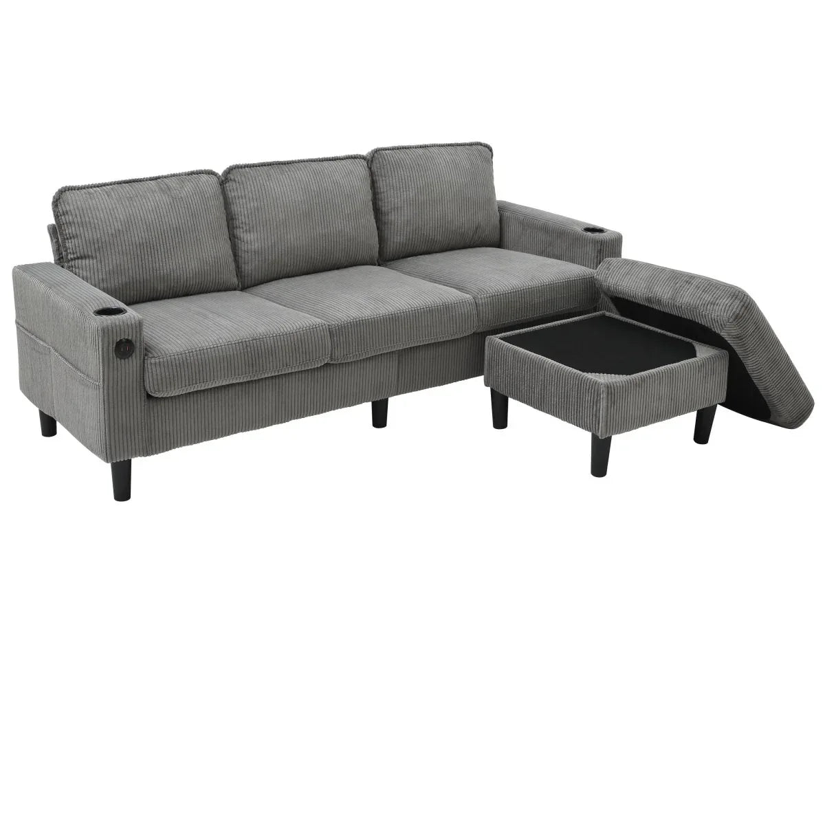 Light Grey Upholstered 3-Seat Sofa With Storage Ottoman - Omega Lifestyles