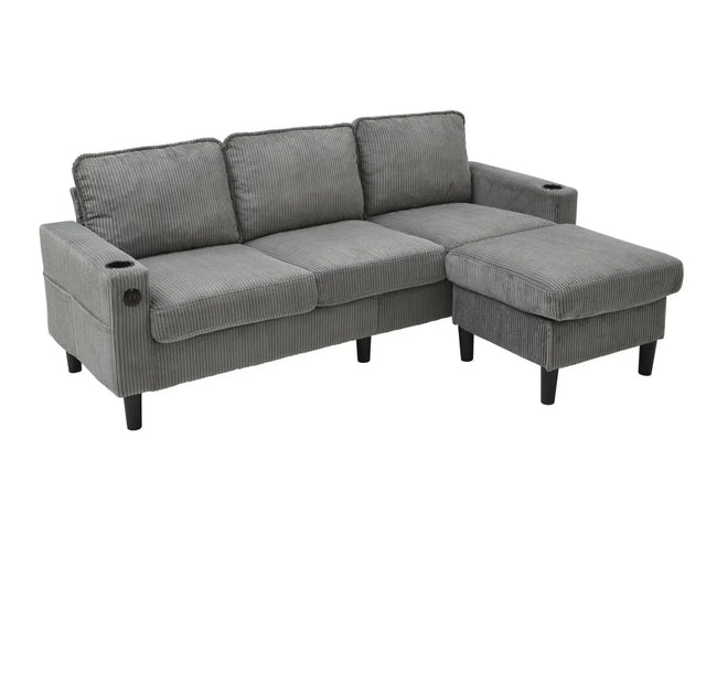 Light Grey Upholstered 3-Seat Sofa With Storage Ottoman - Omega Lifestyles