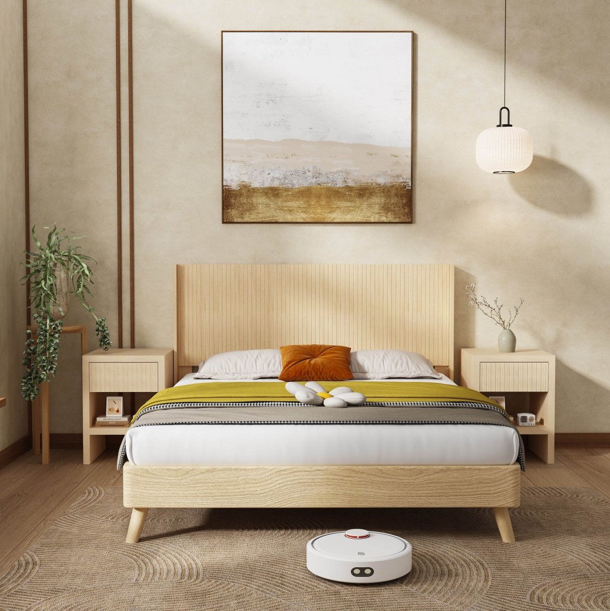 Light Natural Solid Wood Queen Wingback Fluted Panel Headboard - Restanew - Omega Lifestyles