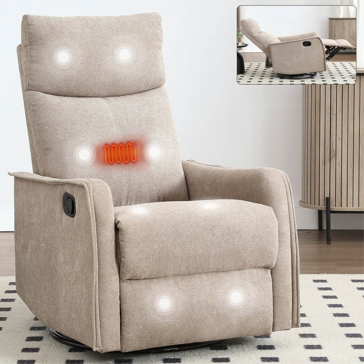 Medium - Firm Heat Massage Recliner Chair With Swivel and Rocker - Restanew - Omega Lifestyles