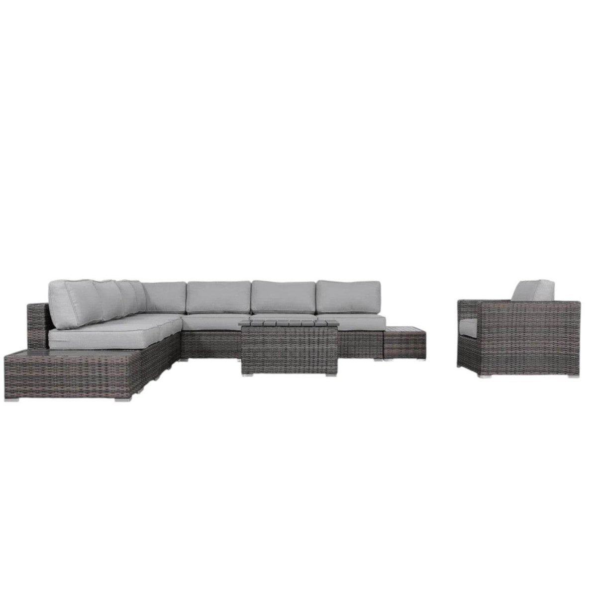 Modern Brown Wicker Patio Seating Group for 7 with Plush Cushions – Fully Assembled, Gray & Brown - Restanew - Omega Lifestyles