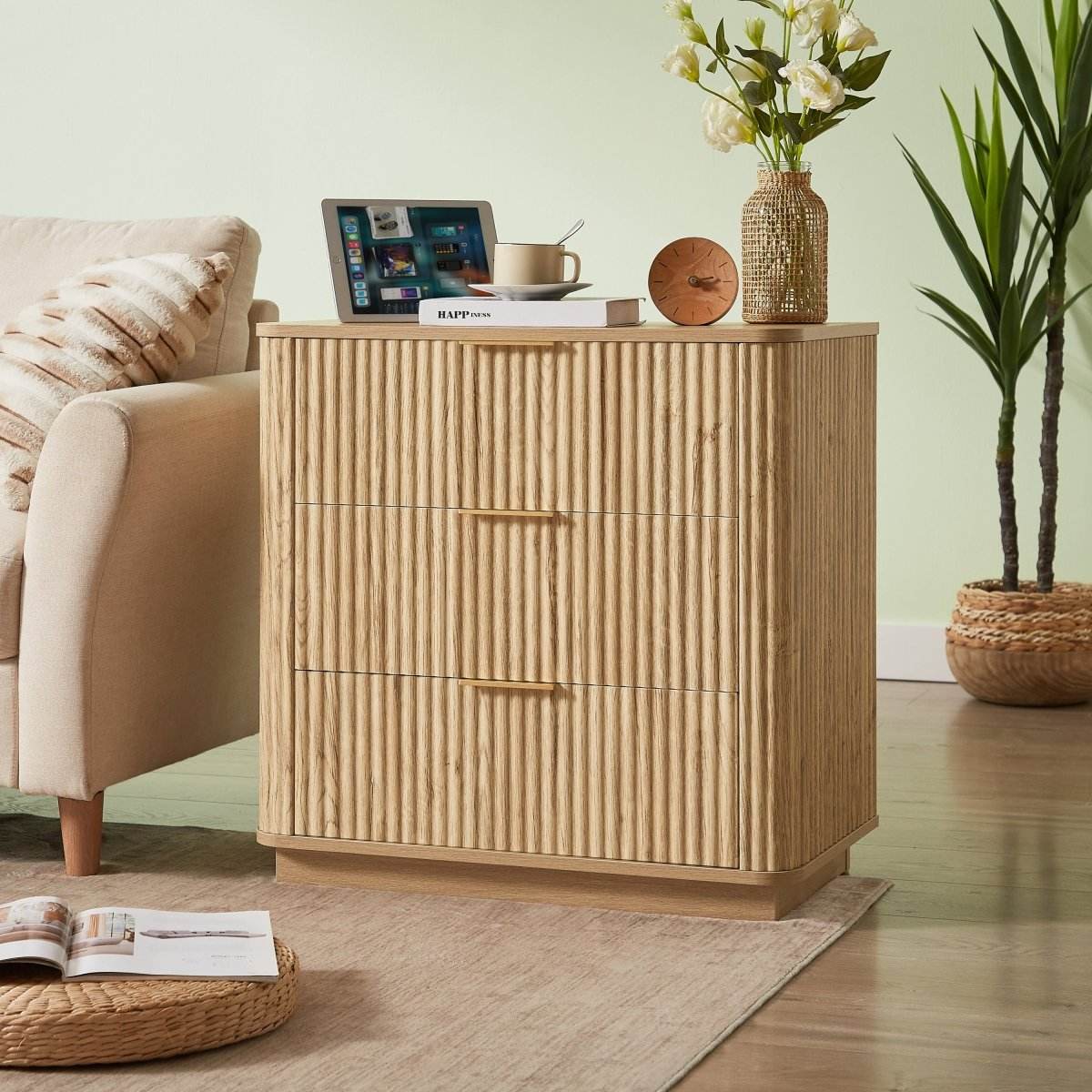 Modern Oak 3-Drawer Dresser With Curved Wave Design - Sleep Galleria