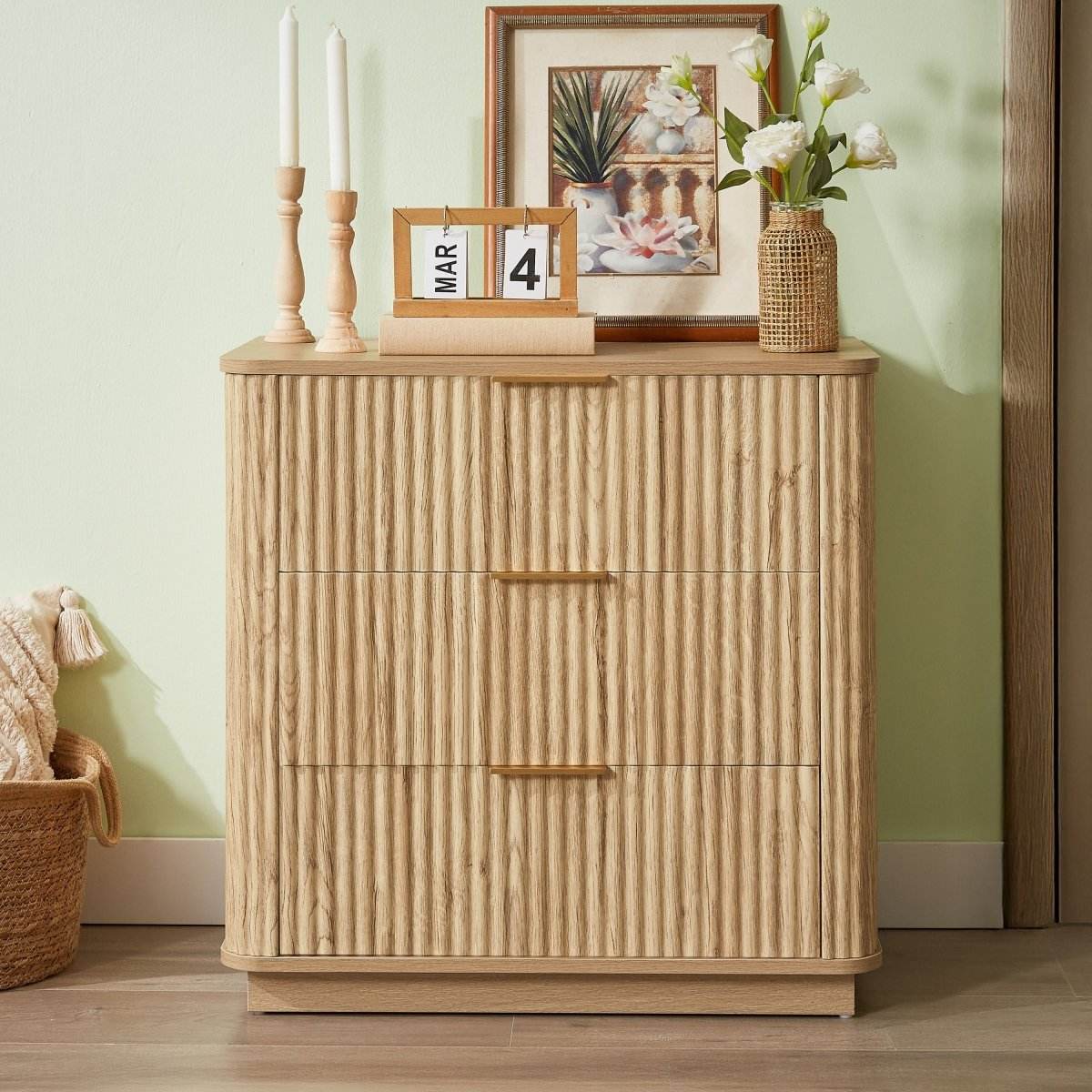 Modern Oak 3-Drawer Dresser With Curved Wave Design - Sleep Galleria