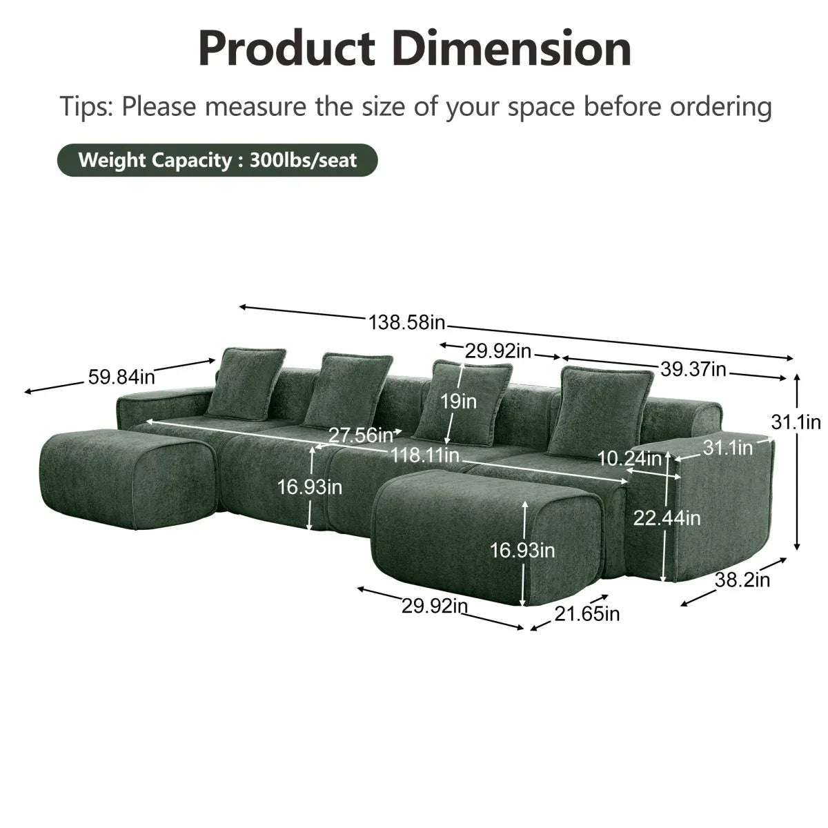Modular Velvet 4-Seat Boneless Sectional Sofa With Ottomans - Omega Lifestyles