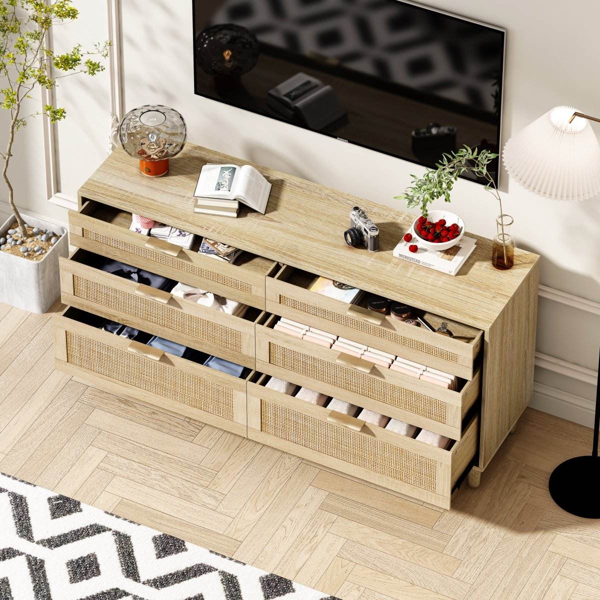 Natural Rattan 6-Drawer Dresser With Metal Handles - Sleep Galleria