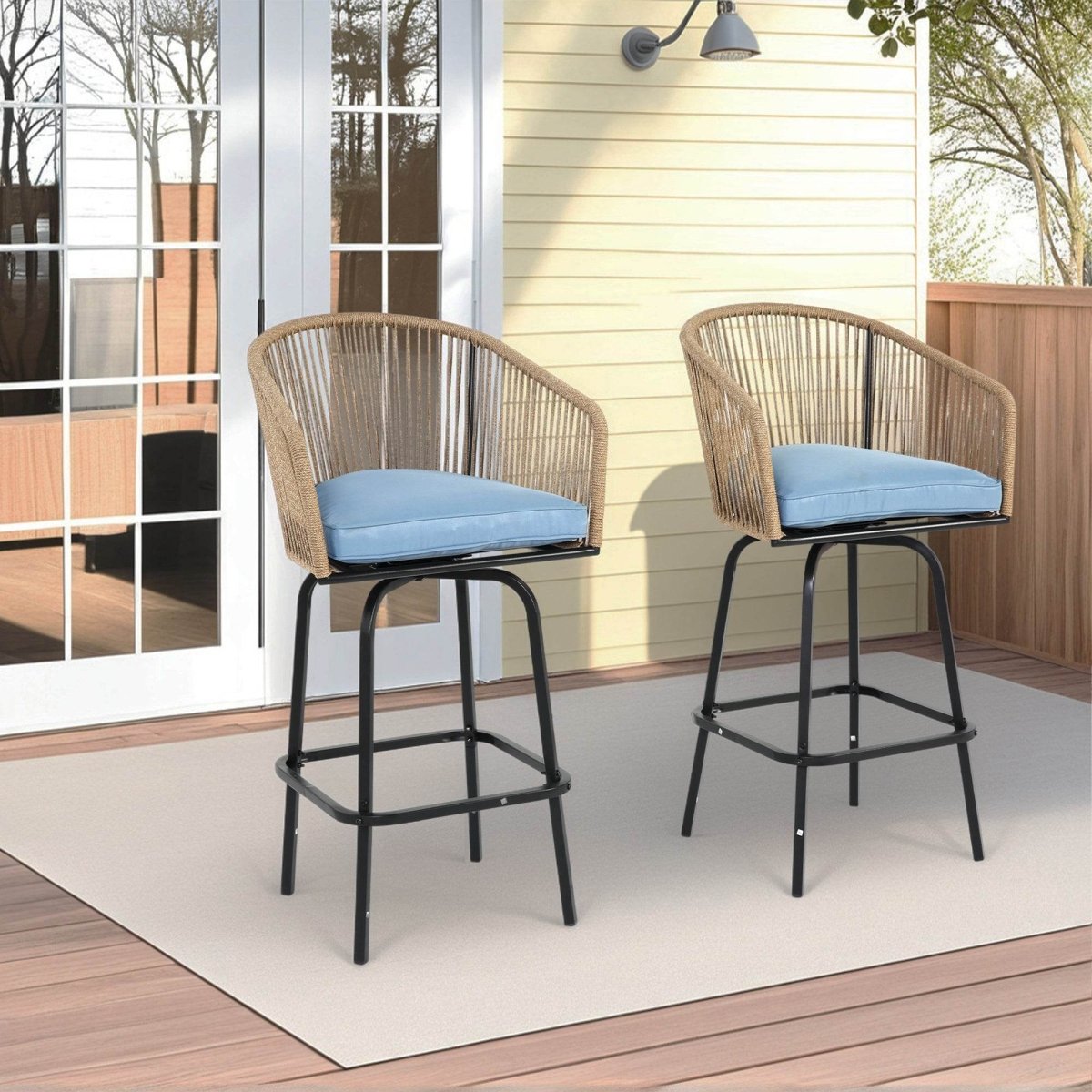 Outdoor Bar Stools Set Of 2 Steel Frame Blue Cushioned Chairs - Restanew - Omega Lifestyles