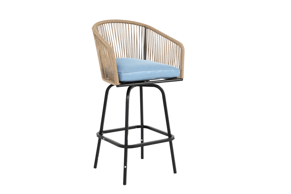 Outdoor Bar Stools Set Of 2 Steel Frame Blue Cushioned Chairs - Restanew - Omega Lifestyles