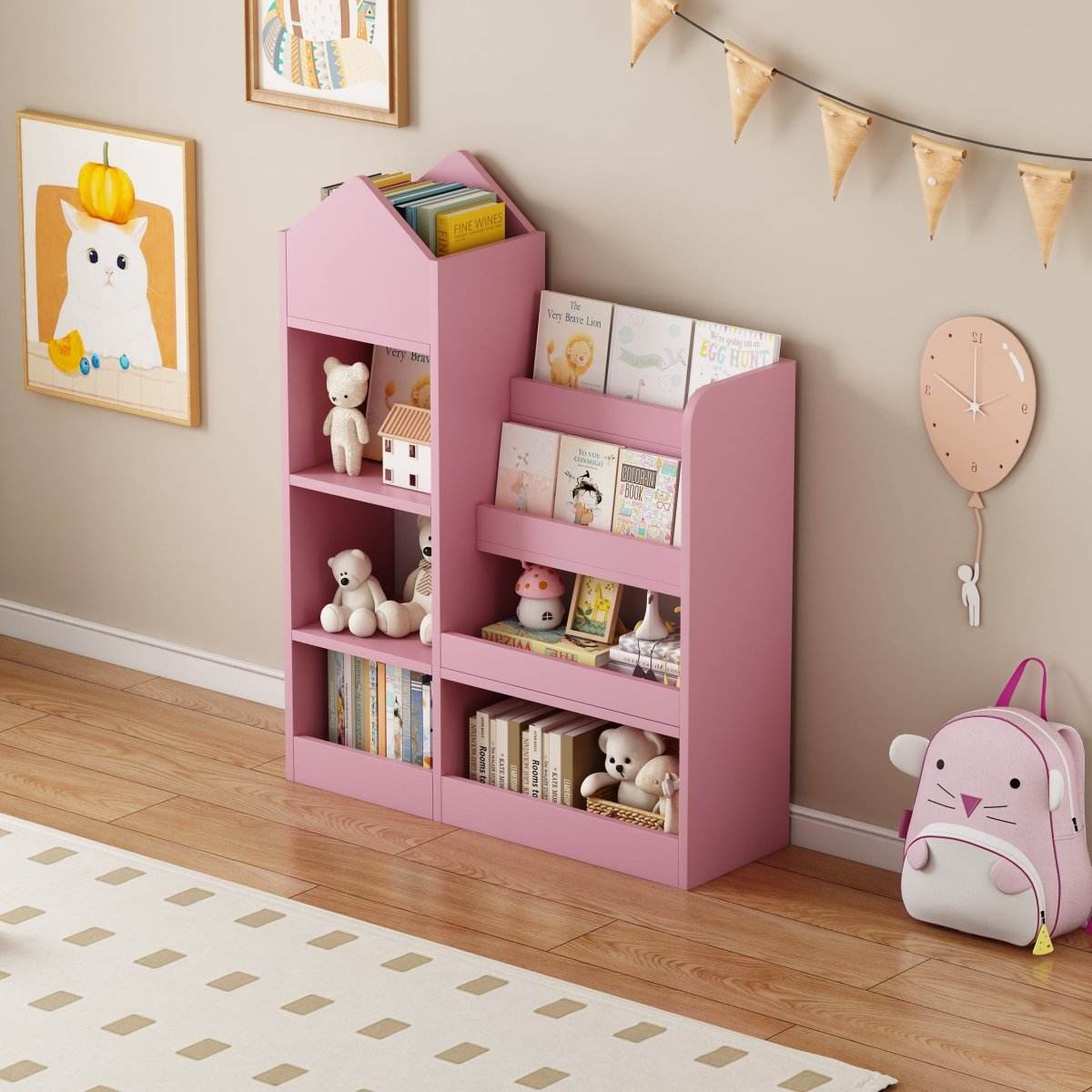 Pink Kids Wooden Storage Bookshelf Organizer - Sleep Galleria