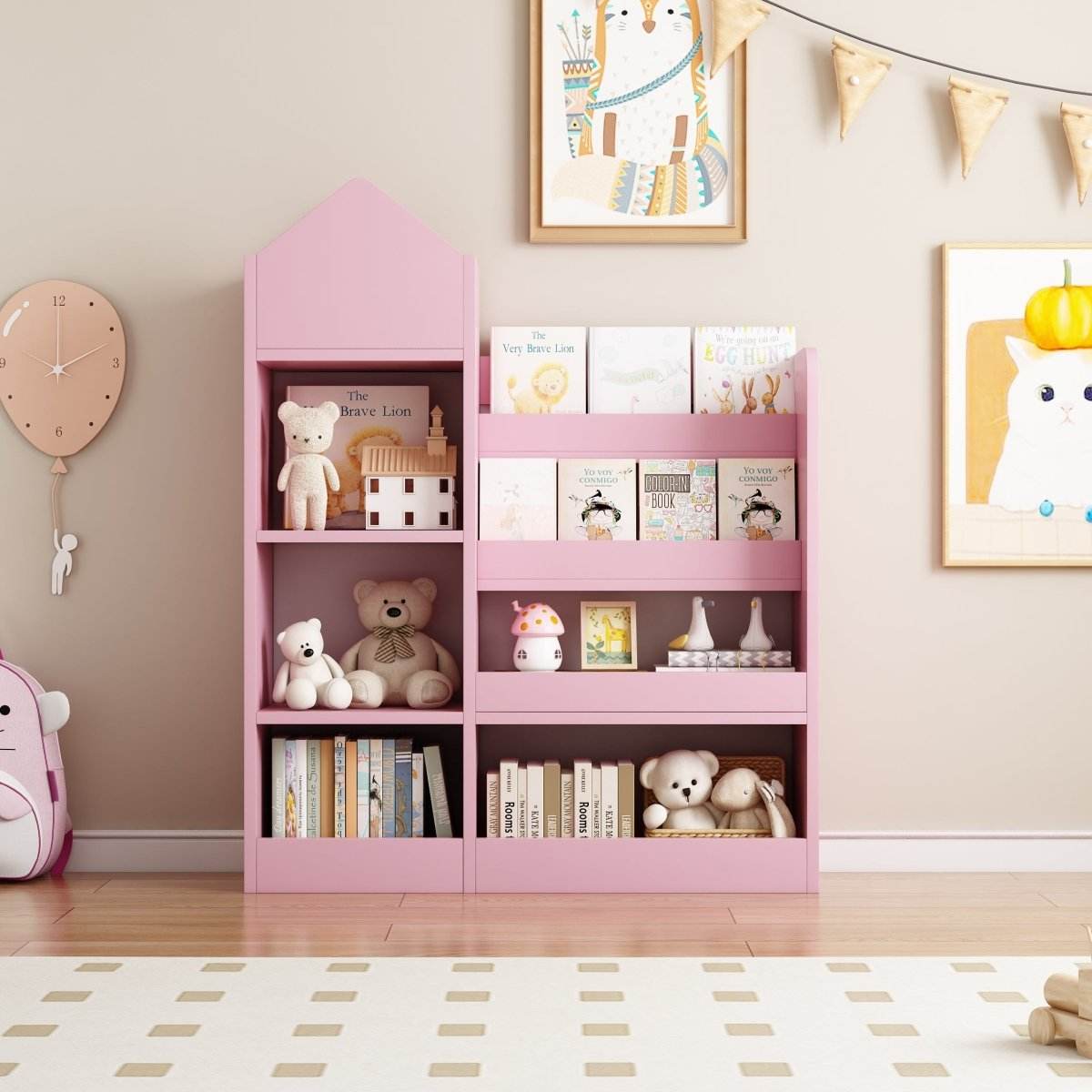 Pink Kids Wooden Storage Bookshelf Organizer - Sleep Galleria