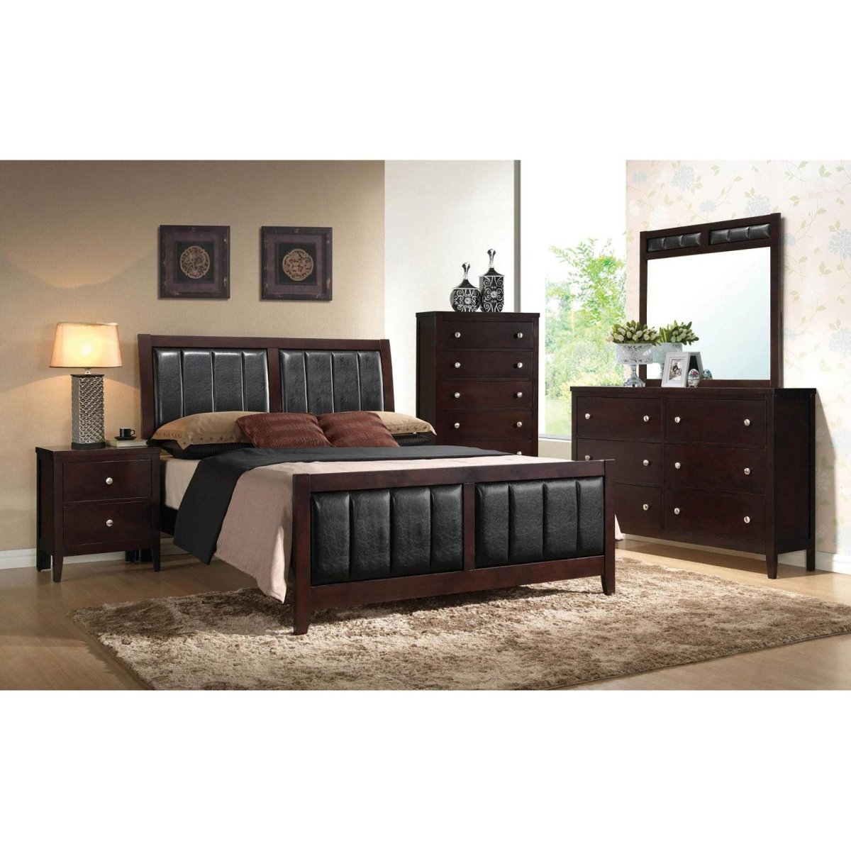 Queen Cappuccino Wood Faux Leather Panel Bed Frame - Restanew - Omega Lifestyles