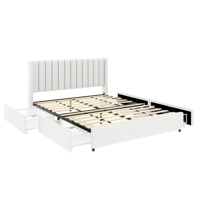 Queen Ivory Boucle Upholstered Platform Bed Frame With Storage - Omega Lifestyles