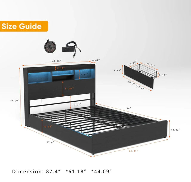 Queen Storage Bed Frame With Headboard Charging Station - Omega Lifestyles