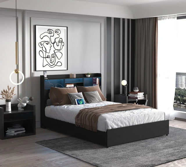 Queen Storage Bed Frame With Headboard Charging Station - Omega Lifestyles