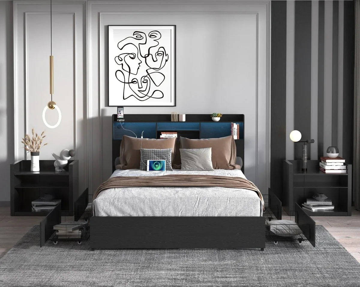 Queen Storage Bed Frame With Headboard Charging Station - Omega Lifestyles