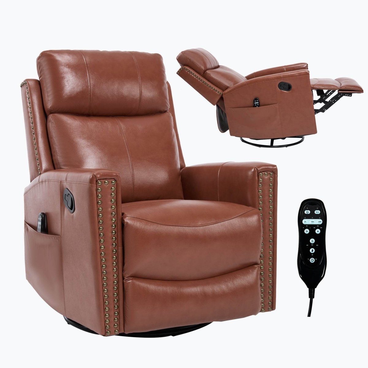 Red Genuine Leather Heat Massage Swivel Rocker Recliner Chair - Restanew - Omega Lifestyles