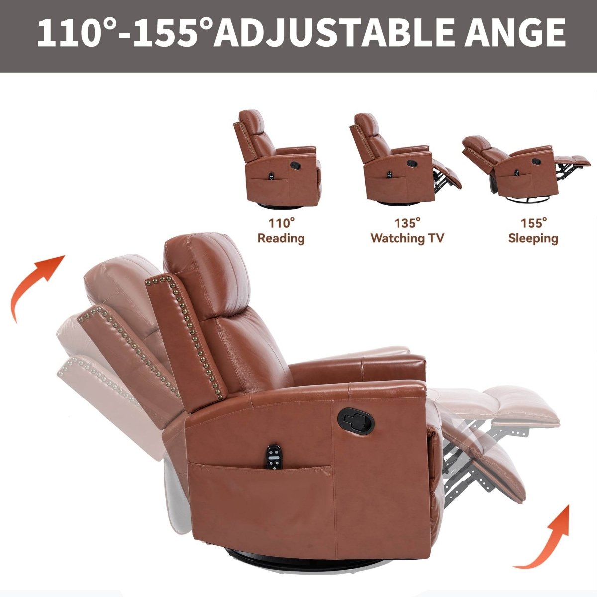 Red Genuine Leather Heat Massage Swivel Rocker Recliner Chair - Restanew - Omega Lifestyles