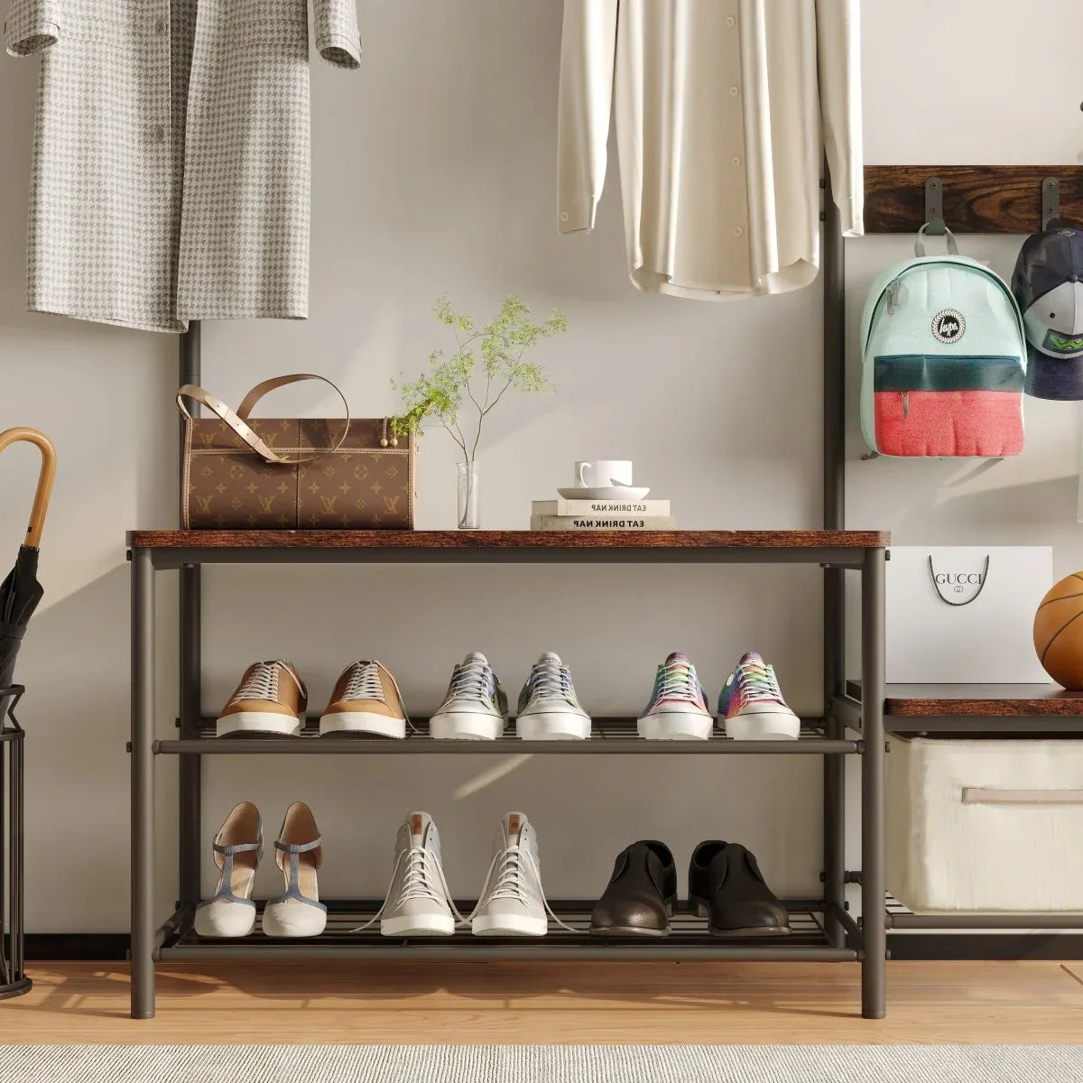 Rustic Brown Engineered Wood Hall Tree Coat Rack Bench - Omega Lifestyles