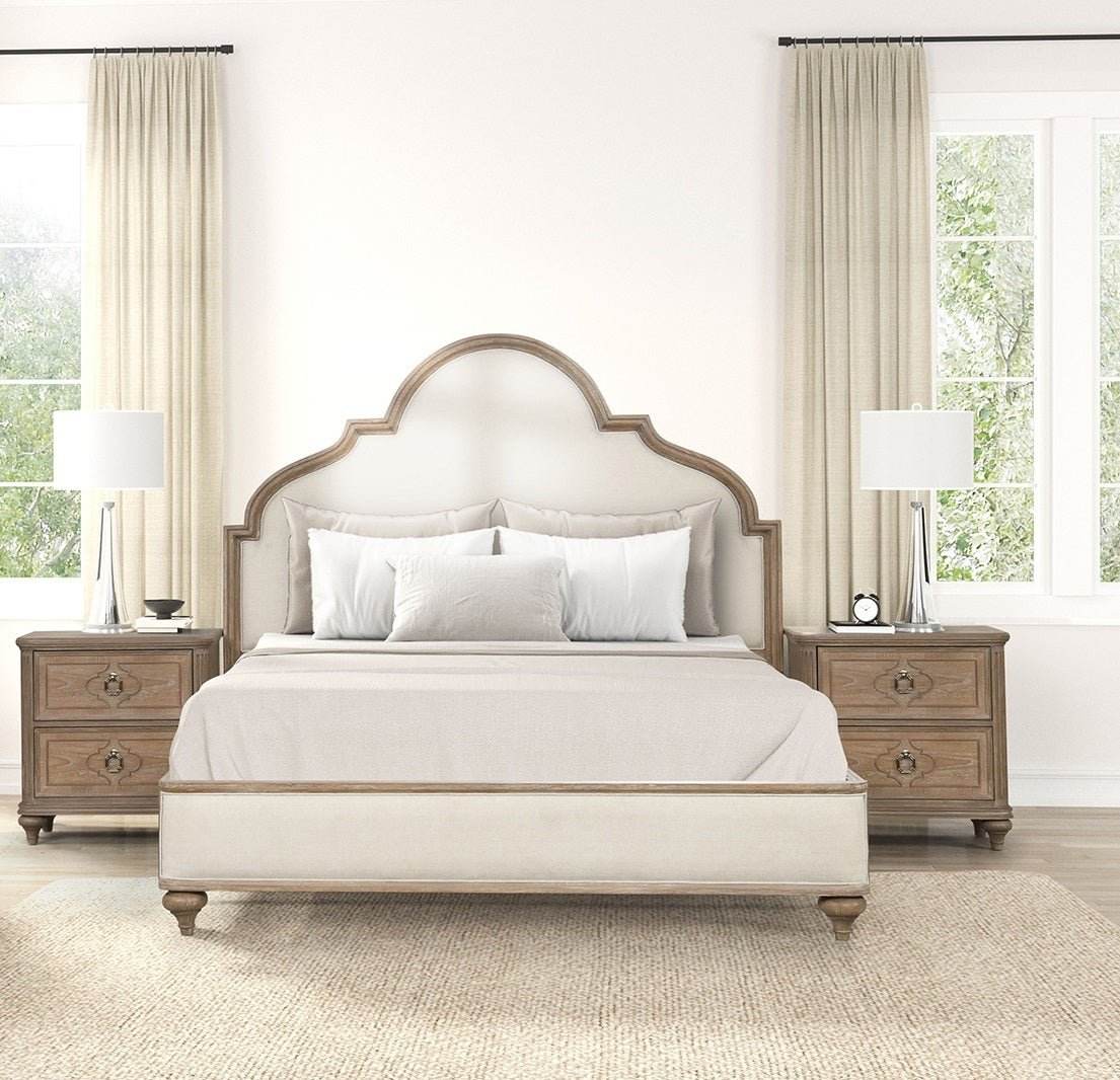 Rustic Oak Upholstered Bed Frame And Nightstands Set - Sleep Galleria