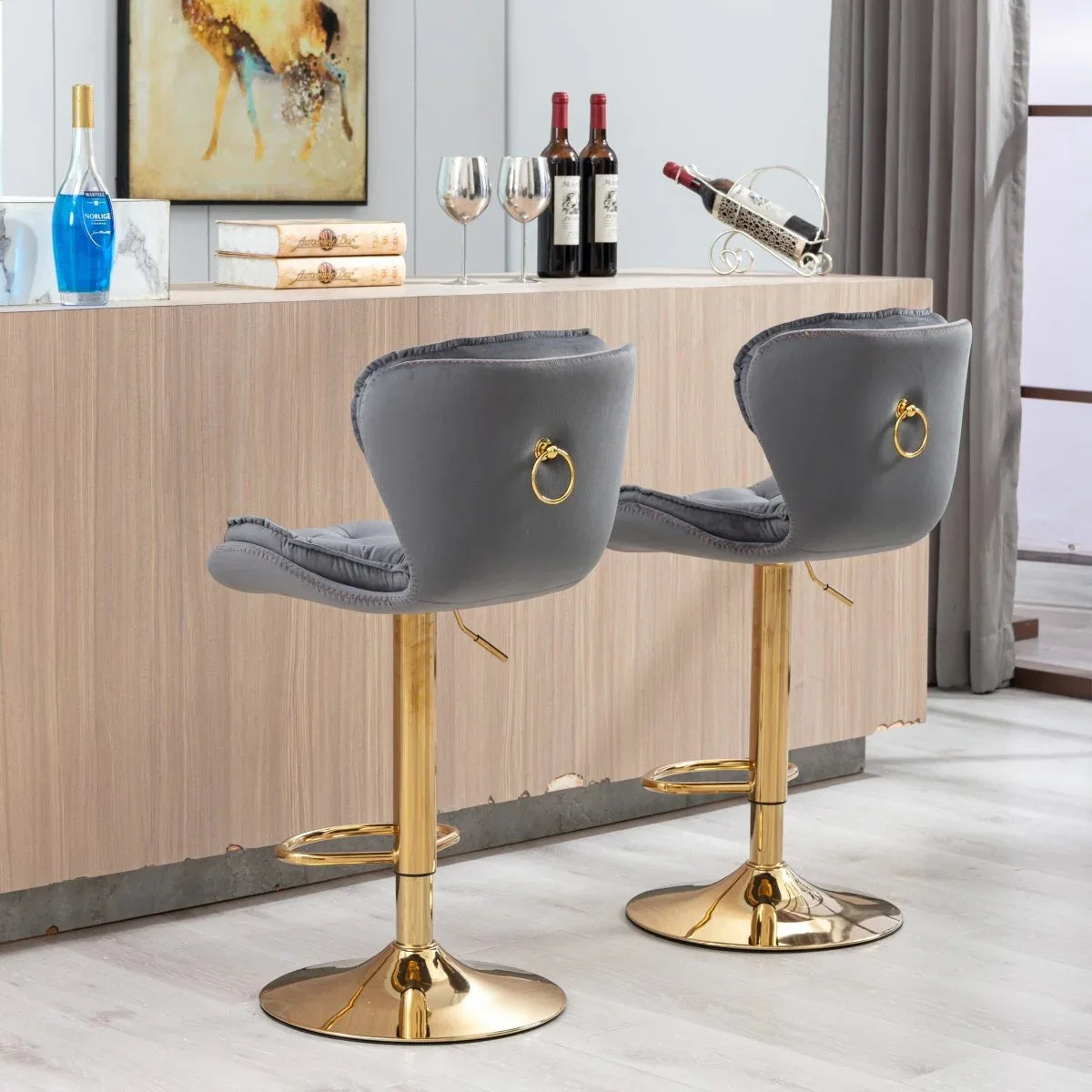 Set Of 2 Height Adjustable Velvet Fabric Bar Stools - Omega Lifestyles