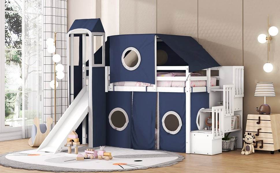 Solid Wood Twin Playhouse Loft Bed With Tent Tower - Sleep Galleria