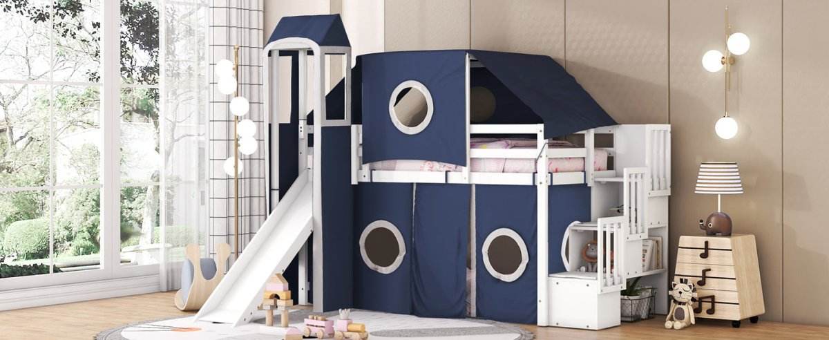 Solid Wood Twin Playhouse Loft Bed With Tent Tower - Sleep Galleria