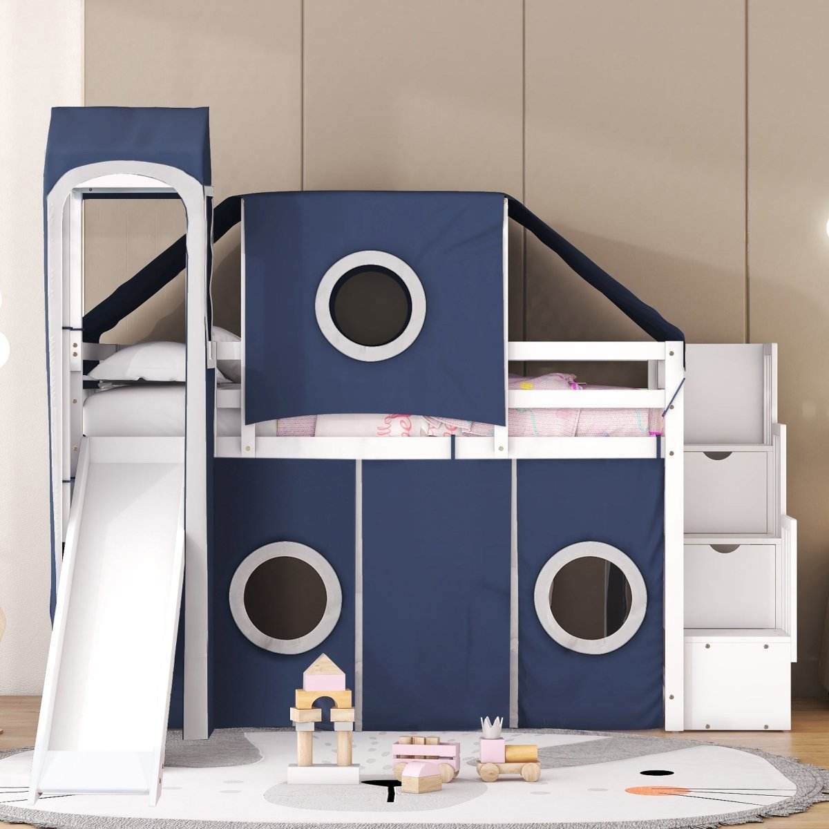 Solid Wood Twin Playhouse Loft Bed With Tent Tower - Sleep Galleria