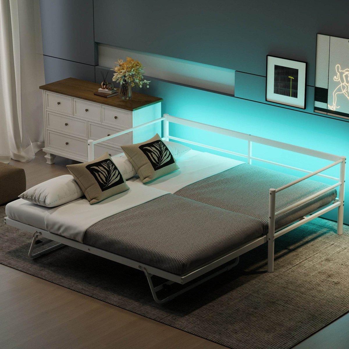 Twin Metal Daybed With LED Adjustable Pop-Up Trundle - Sleep Galleria