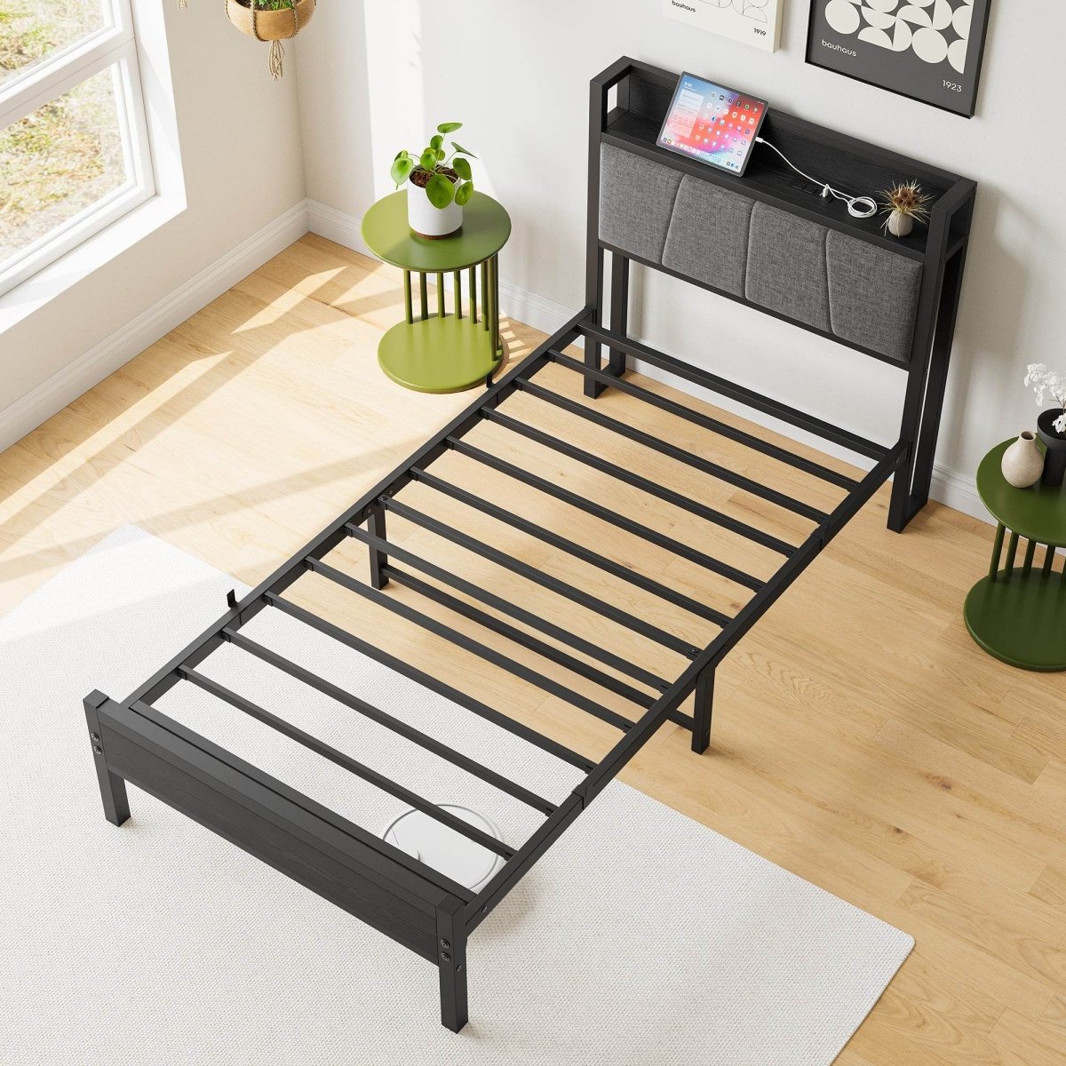 Twin Metal Wood Bed Frame With Storage Headboard Charging - Restanew - Omega Lifestyles