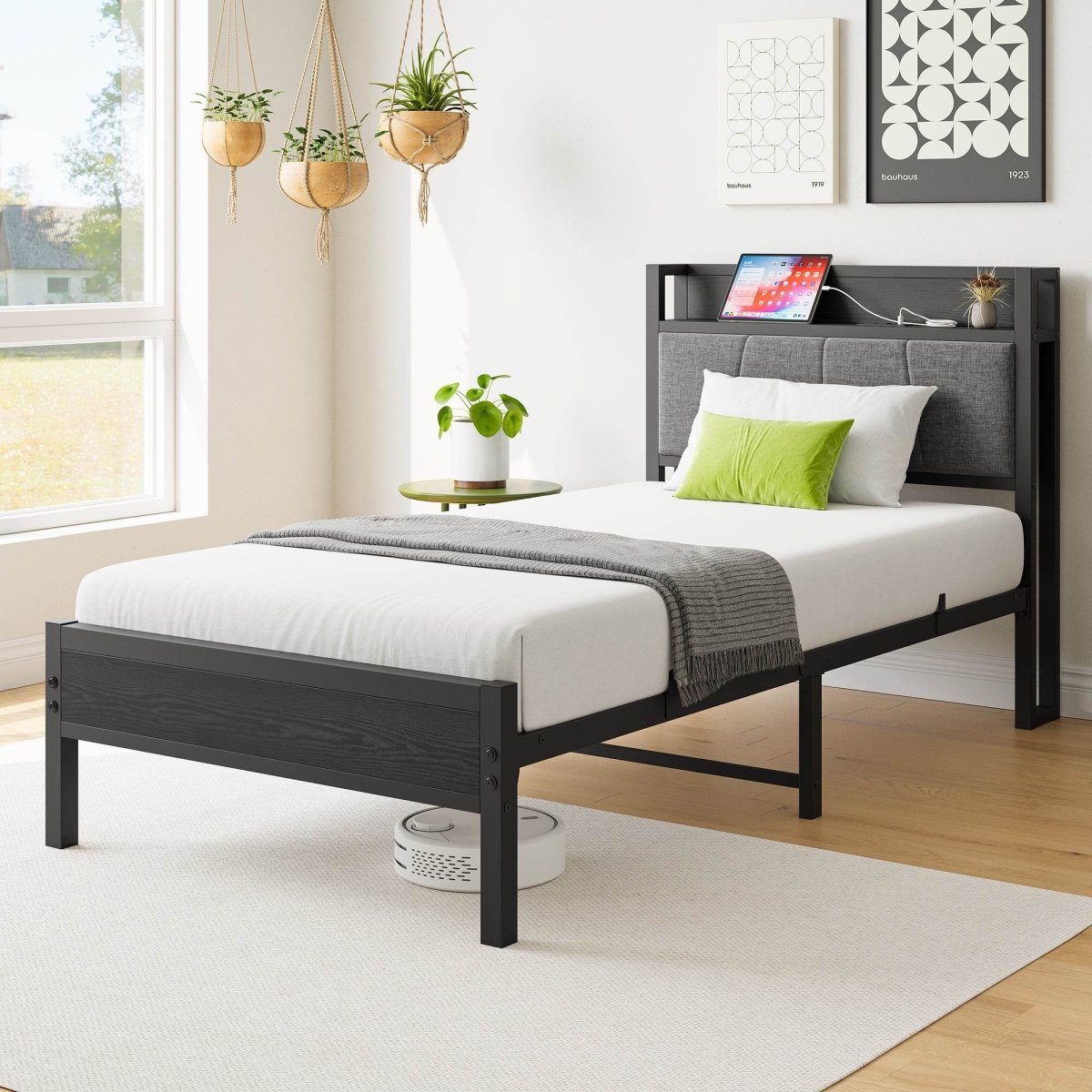 Twin Metal Wood Bed Frame With Storage Headboard Charging - Restanew - Omega Lifestyles