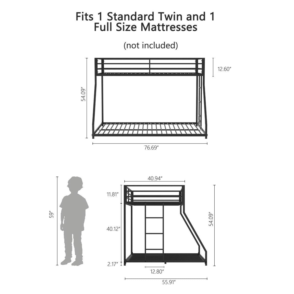 Twin Over Full Metal Bunk Bed With Ladder And Guardrails - Restanew - Omega Lifestyles