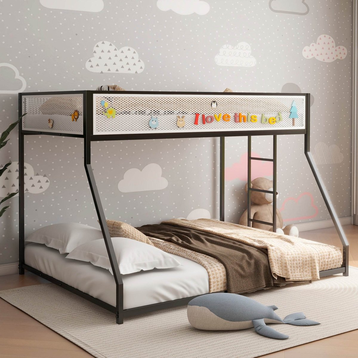 Twin Over Full Metal Bunk Bed With Ladder and Guardrails - Restanew - Omega Lifestyles