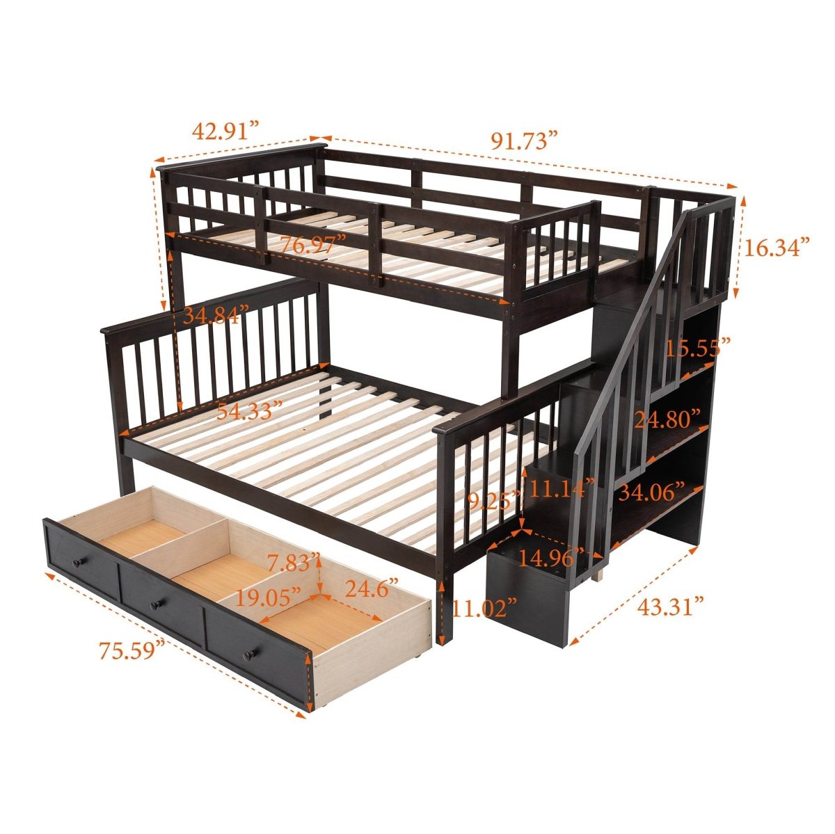 Twin - Over - Full Solid Wood Stairway Storage Bunk Bed - Restanew - Omega Lifestyles