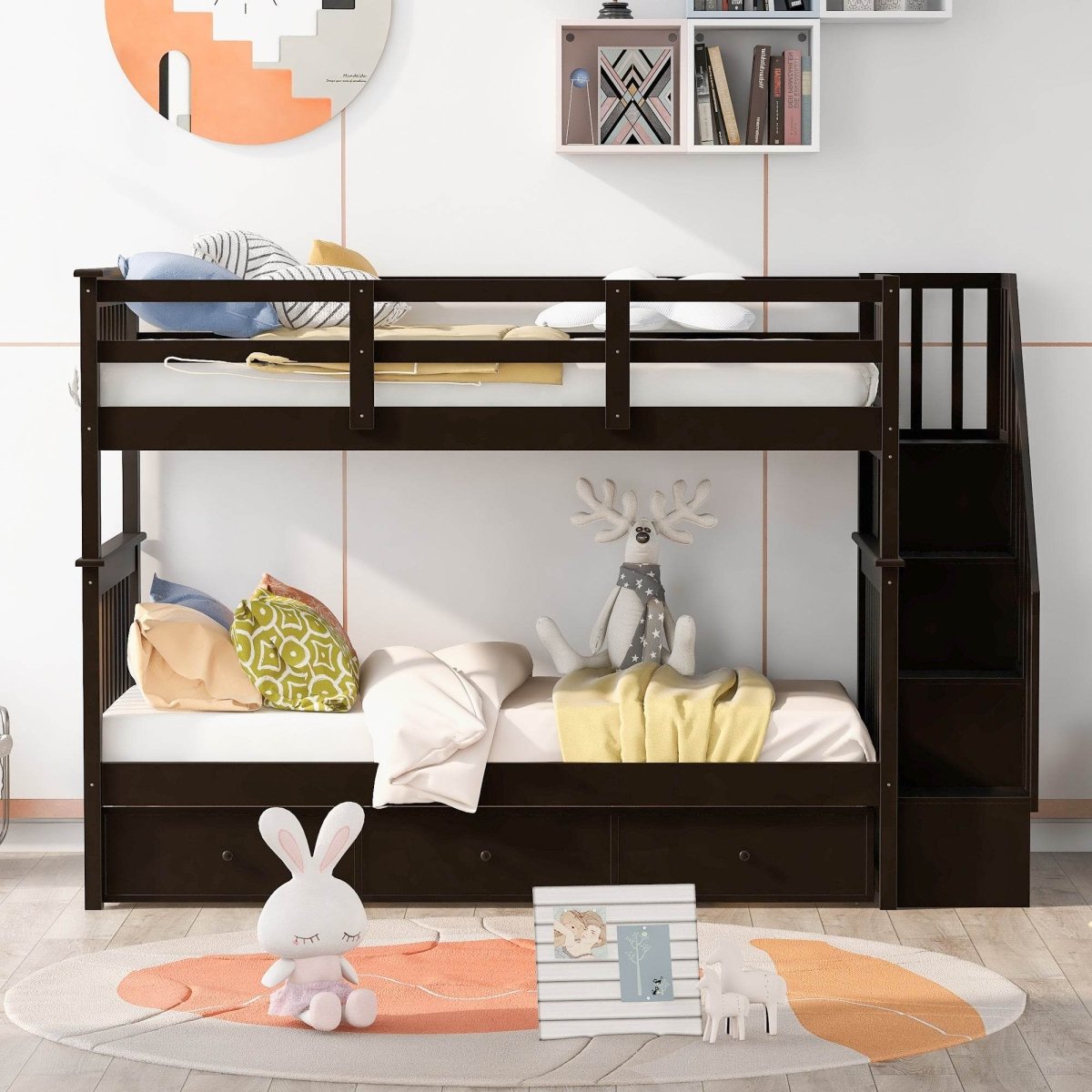Twin Over Twin Solid Wood Bunk Bed With Drawers - Restanew - Omega Lifestyles