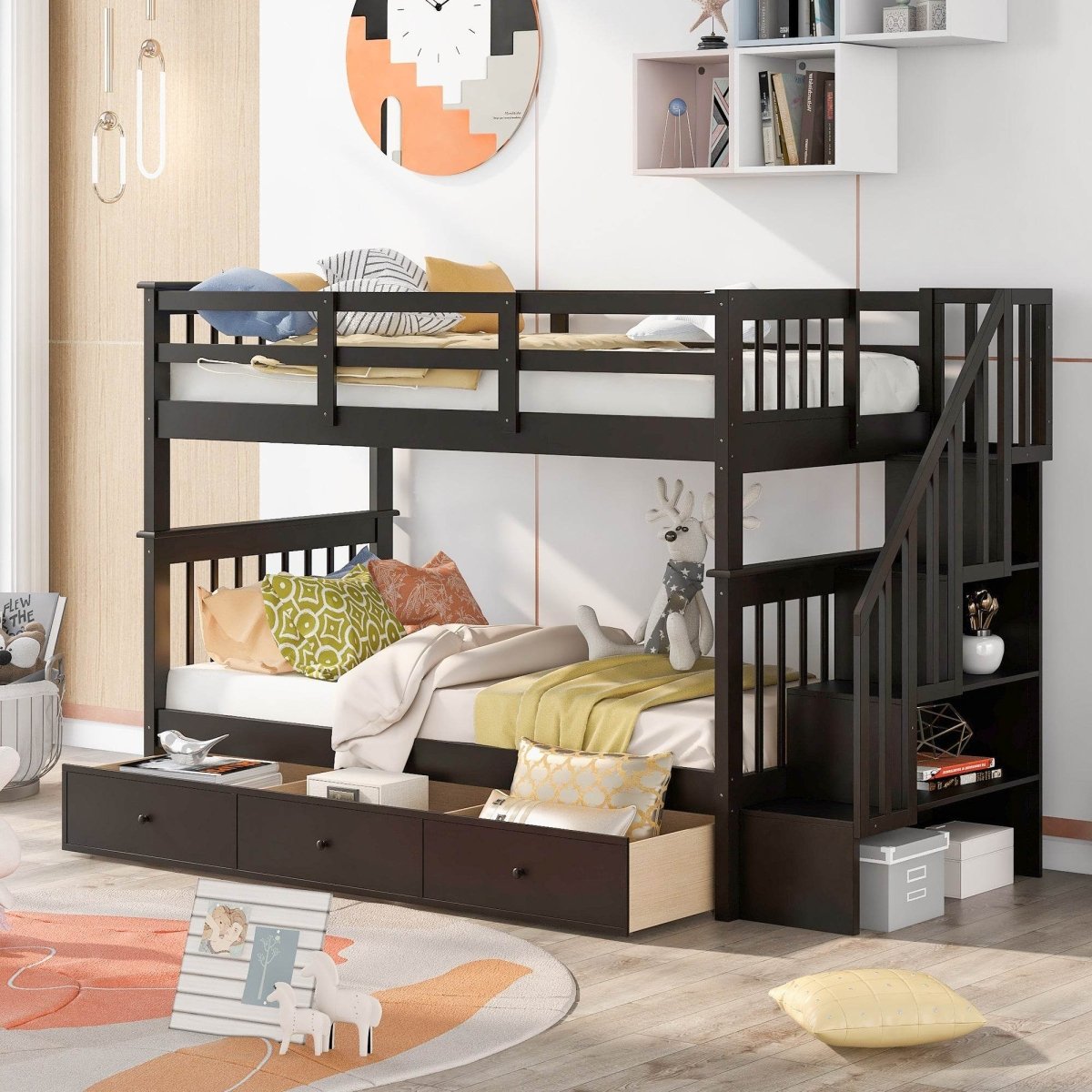 Twin Over Twin Solid Wood Bunk Bed With Drawers - Restanew - Omega Lifestyles