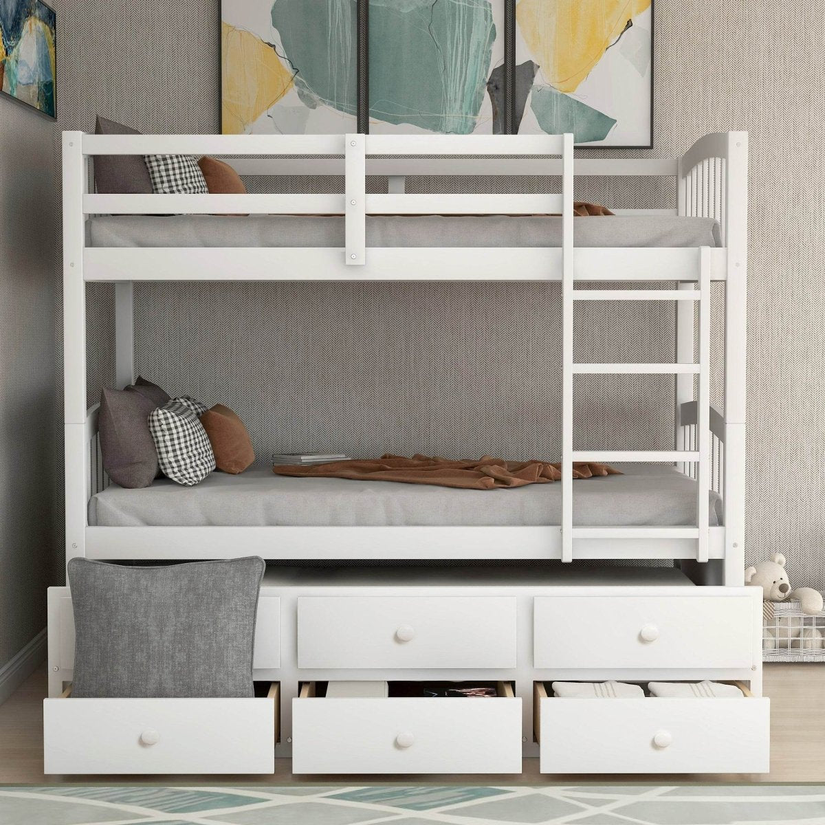 Twin Over Twin Solid Wood Bunk Bed With Trundle Drawers - Restanew - Omega Lifestyles