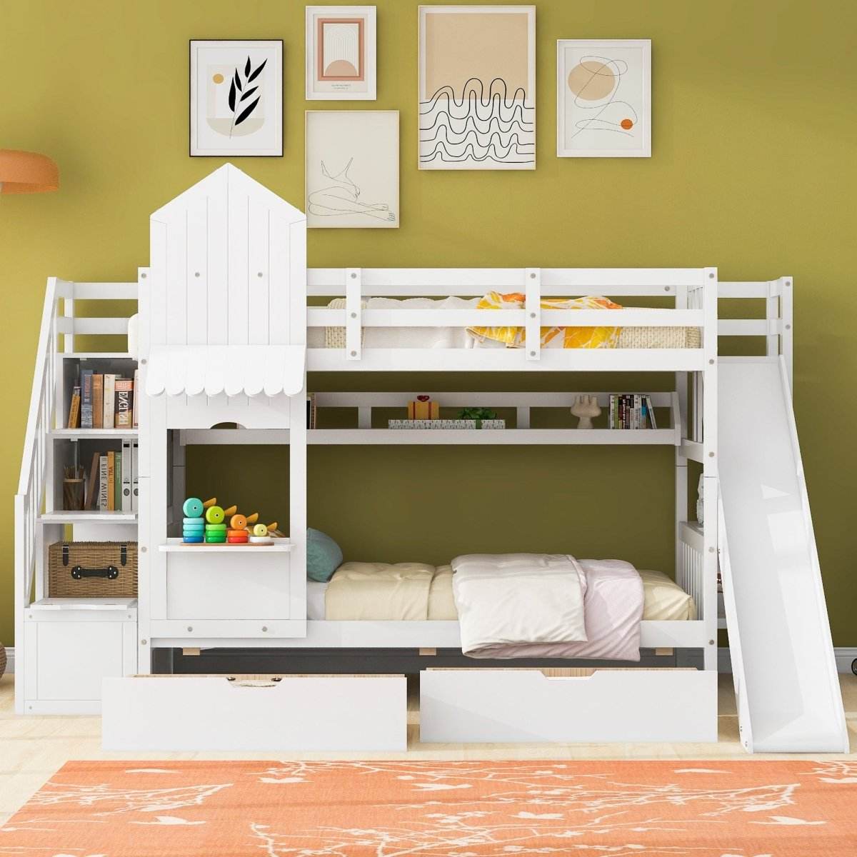 Twin-Over-Twin Solid Wood Castle Style Bunk Bed With Slide - Sleep Galleria