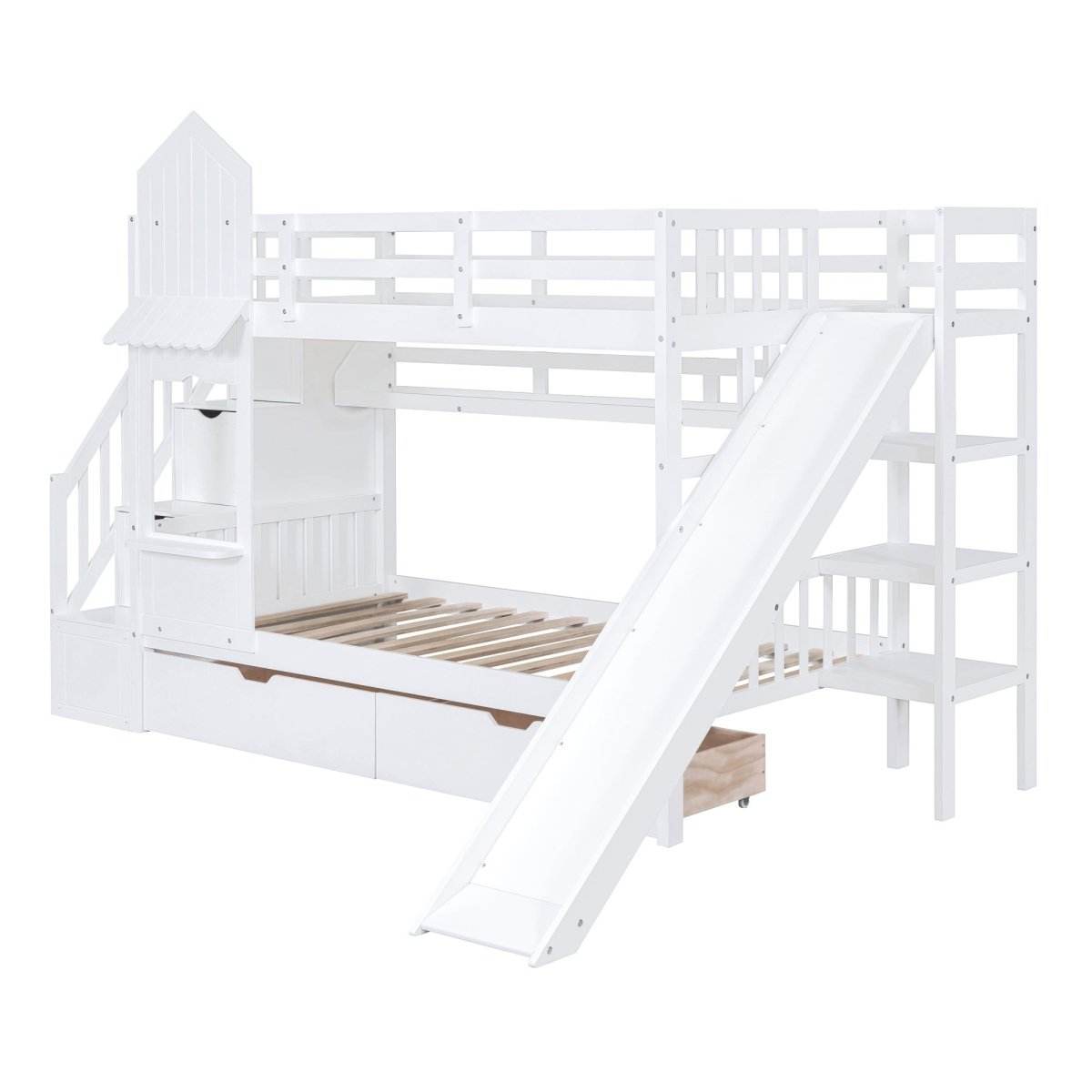 Twin-Over-Twin Solid Wood Castle Style Bunk Bed With Slide - Sleep Galleria