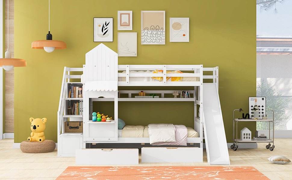 Twin-Over-Twin Solid Wood Castle Style Bunk Bed With Slide - Sleep Galleria