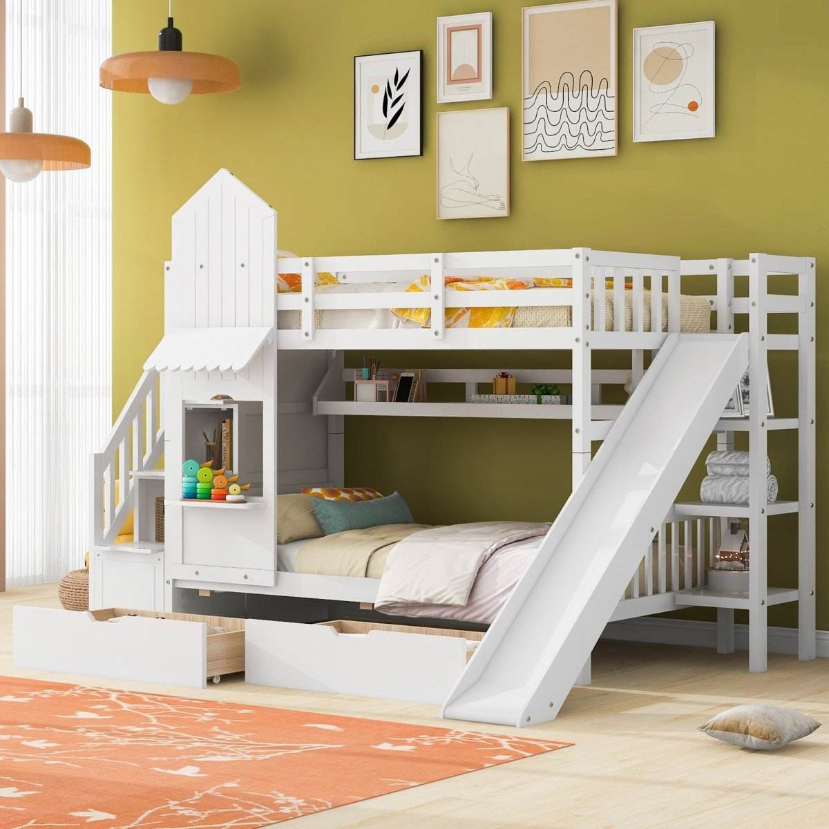 Twin-Over-Twin Solid Wood Castle Style Bunk Bed With Slide - Sleep Galleria