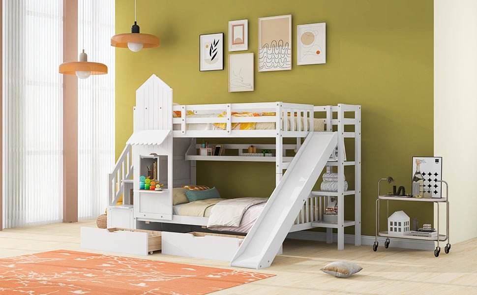 Twin-Over-Twin Solid Wood Castle Style Bunk Bed With Slide - Sleep Galleria